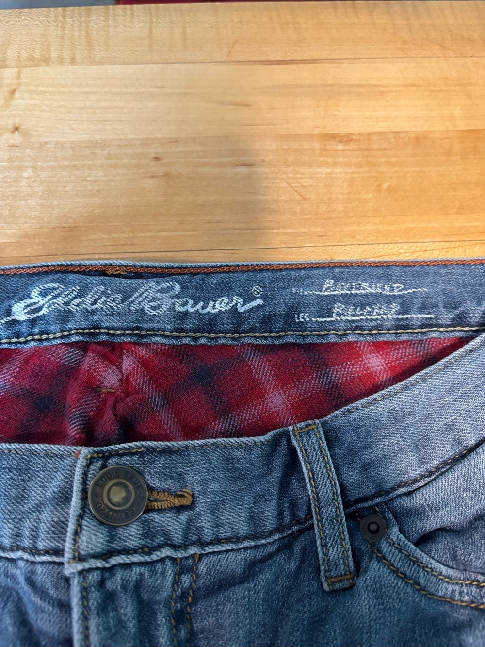 Eddie Bauer Boyfriend Blue Denim Jeans with Red Plaid Lining